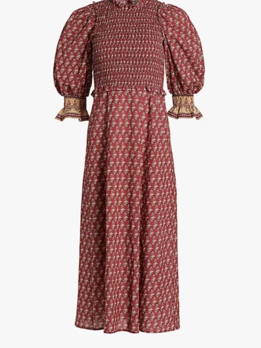 Sea New York Burgundy Floral Smocked Maxi Dress with Puff Sleeves